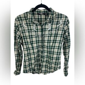 Outback Rider Green Plaid Cowboy Boot Embroidered Flannel M Women’s GUC